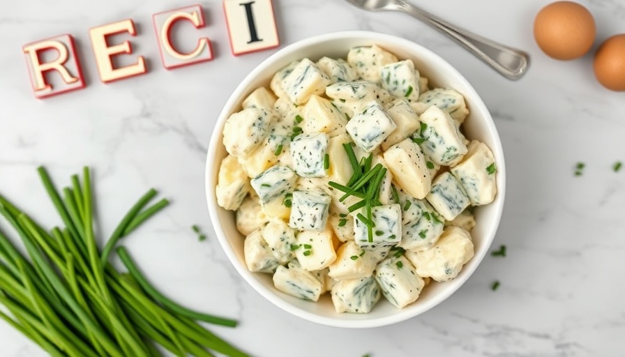 Blue cheese potato salad recipe with chives and letter tiles.