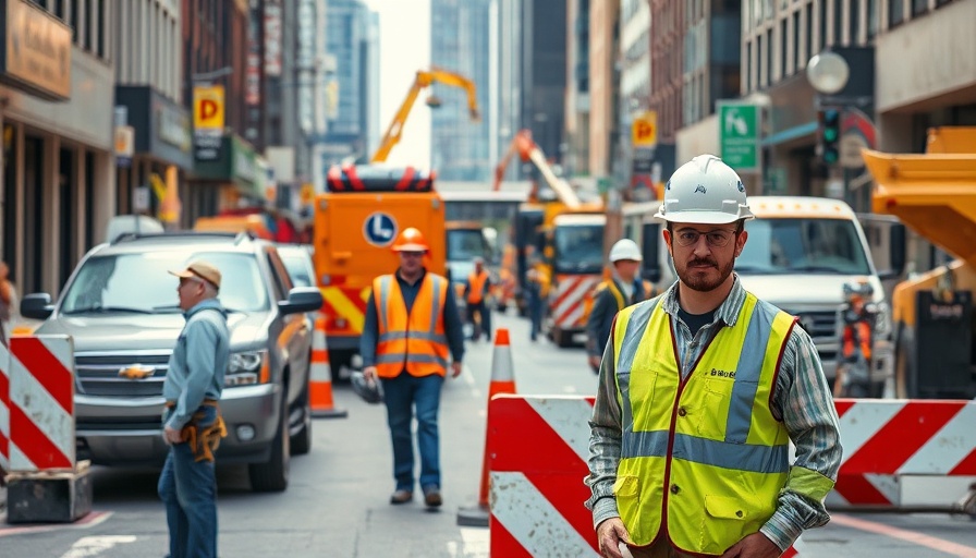 Charlotte construction industry jobs with workers and machinery on city street.