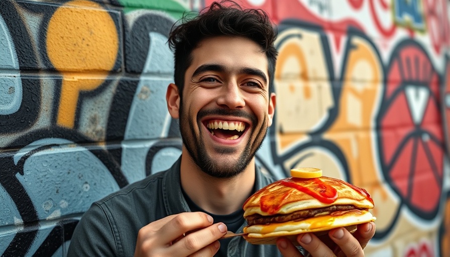 Cheerful man enjoying colorful pancakes with graffiti background.