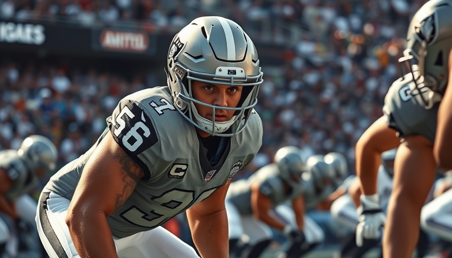 Las Vegas Raiders player during game, intense focus on field.