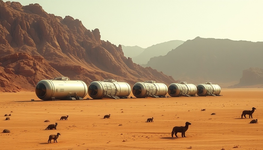Futuristic Mars habitat installation in a desert landscape.