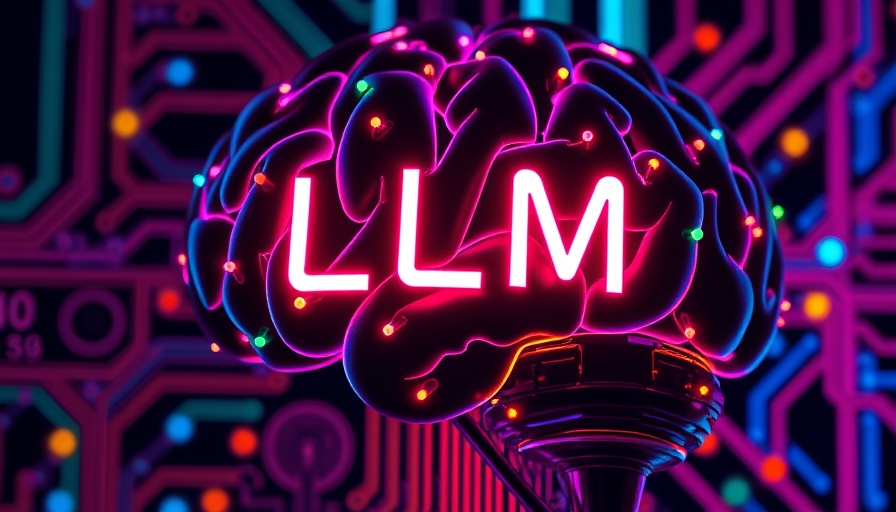 Futuristic neon brain with LLM text depicting AI society impact.