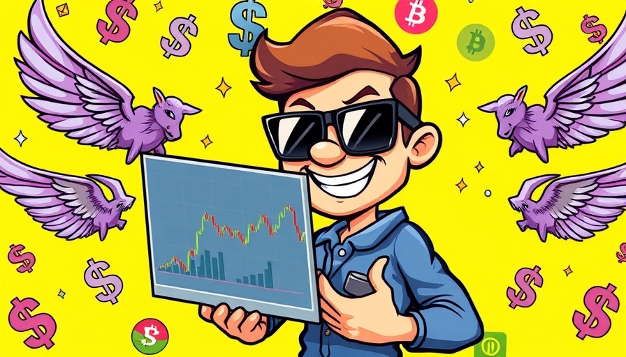 Cartoon character with laptop showing crypto charts, automated crypto trading.