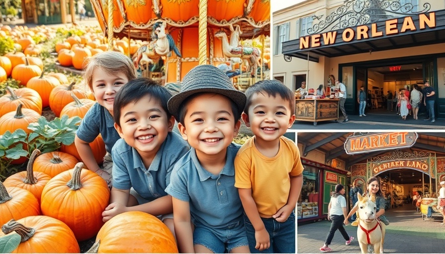 Collage of New Orleans family activities, including pumpkin patch and carousel.