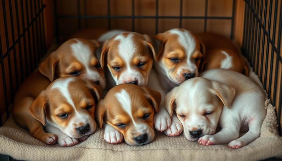 Adorable puppies resting together inside a crate, looking for forever families.