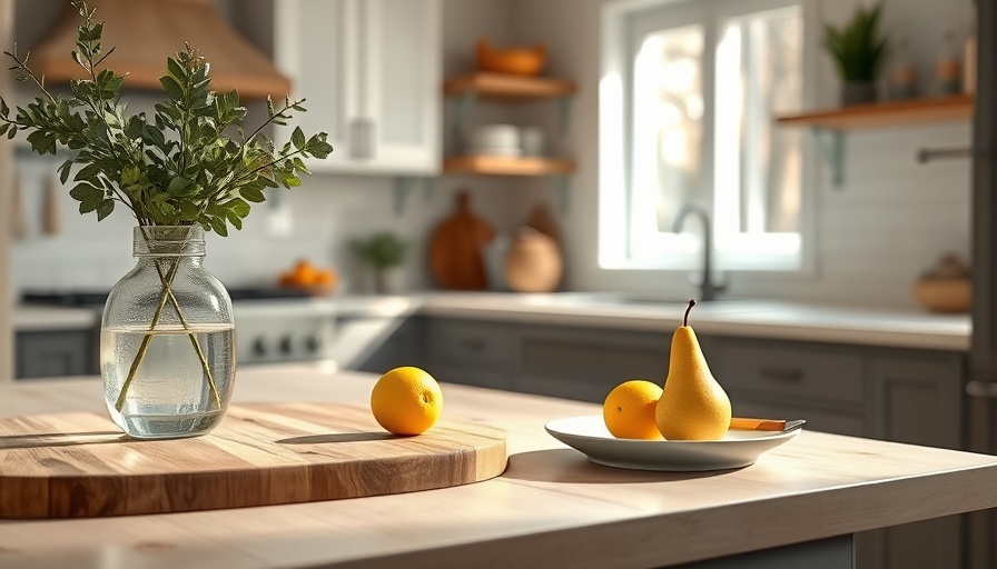 Minimalist scullery kitchen with fruits and decor.