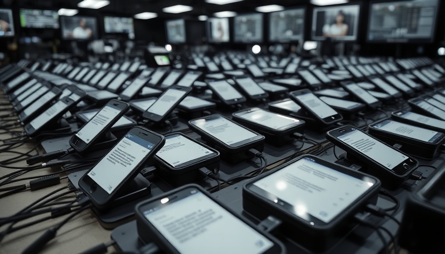 Array of smartphones in SMS scam operation, organized display.