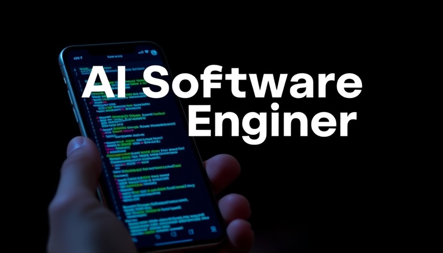 AI Software Engineer with smartphone code and abstract background.