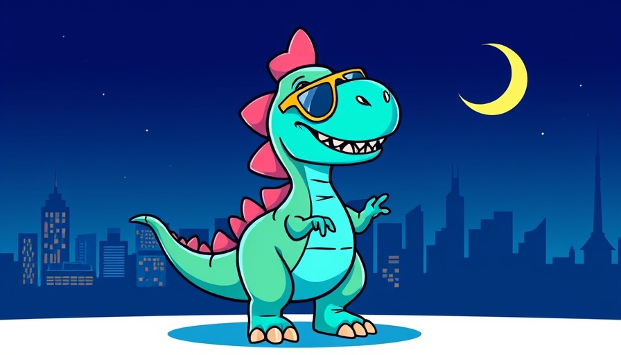 Fun cartoon dinosaur with star glasses in Charlotte skyline for budget-friendly dance lessons