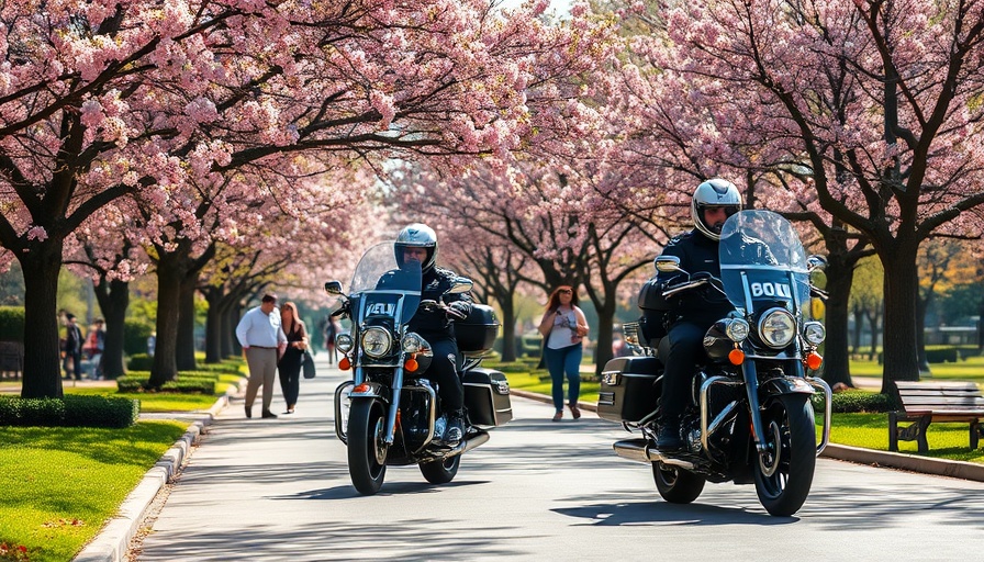 Police officers patrolling park for Charlotte pedestrian safety issues.