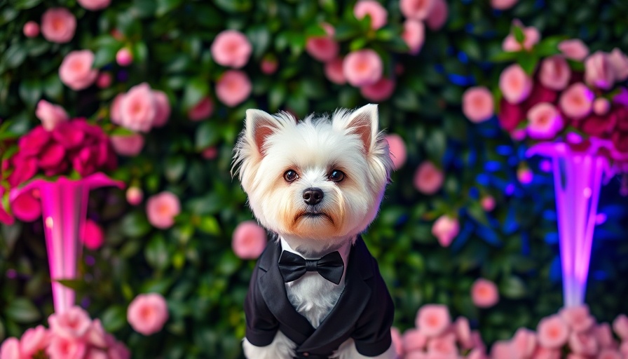 Fluffy dog in tuxedo for Ties and Tails Gala in Charlotte.