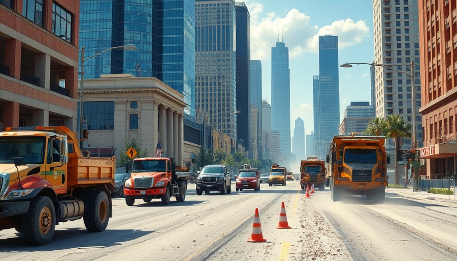 Aerial view of Houston road reconstruction with workers and machinery.