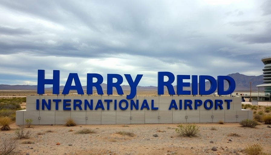 Harry Reid International Airport sign in Las Vegas under cloudy sky.