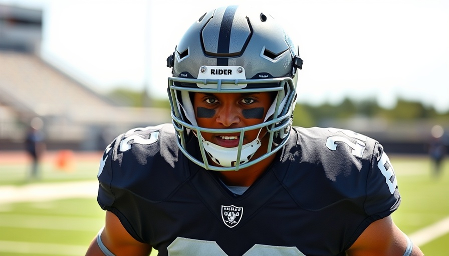 Focused Raiders player looking determined on practice field, Raiders news.
