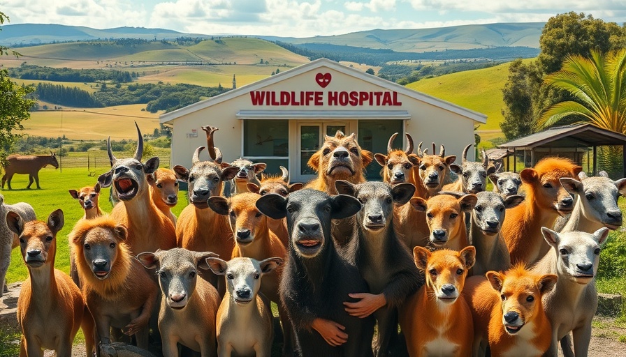 Curious wild animals at Wild Rescue hospital, sunny countryside backdrop.