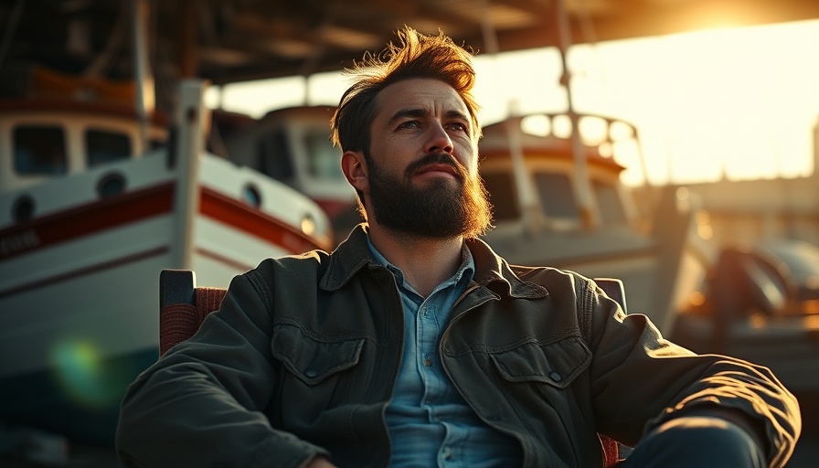 Man relaxing by boats in Nashville August music setting, warm tones.