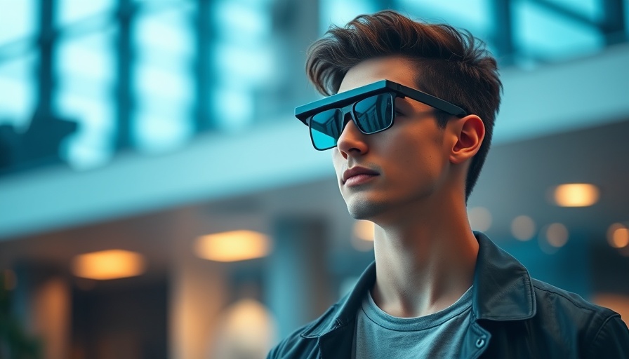 Young man wearing futuristic smart glasses in a modern setting reflecting future technology.