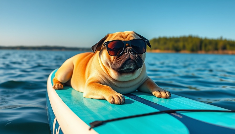 Playful pug on paddleboard in serene lake scene.