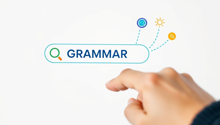 Hand pointing to 'GRAMMAR' search bar, AI Grammar Checkers icon.