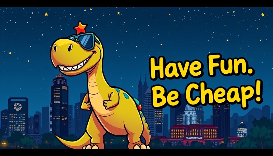 Cartoon dinosaur with sunglasses and Charlotte skyline, Pride Drag Show Charlotte.