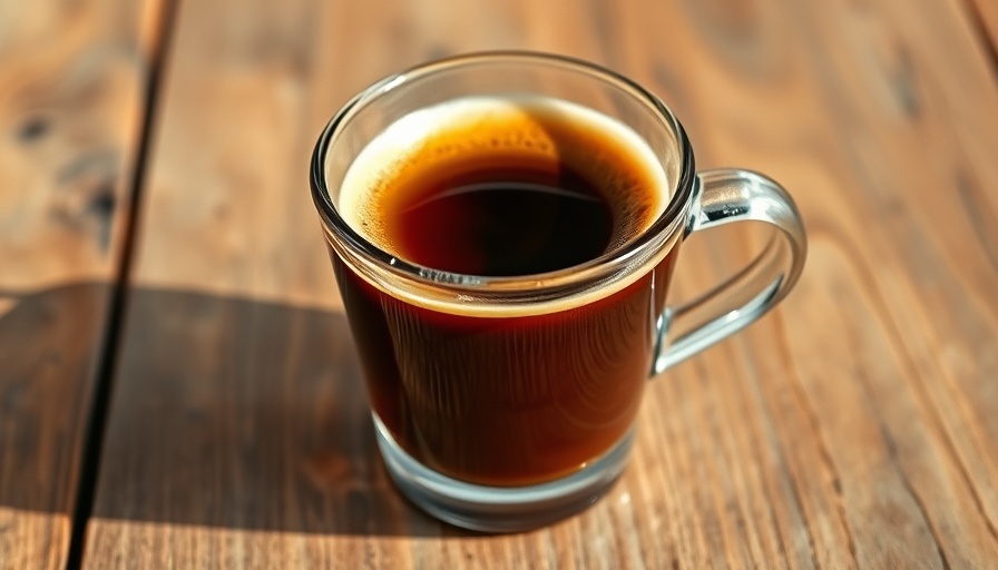 Espresso with cremina in a glass cup on wooden table, photorealistic.