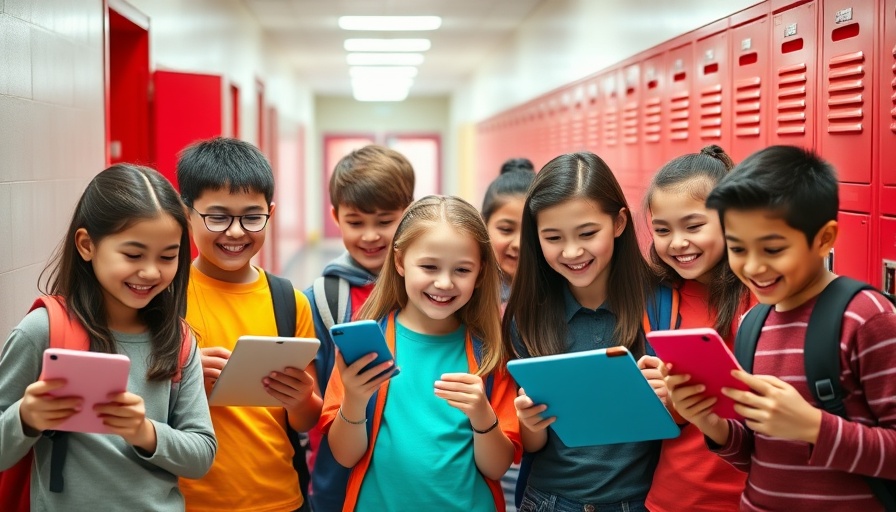 School-age children using tablets, discussing screen time, colorful hallway.