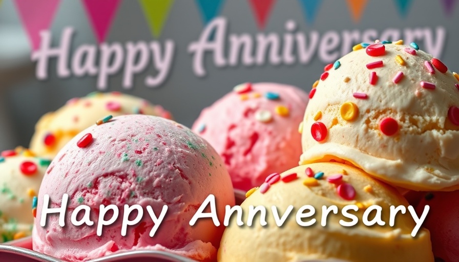 Huntersville Ice Cream Shop anniversary flyer with vibrant scoops.