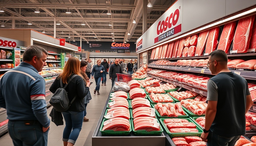 Costco shopper browsing pork tenderloin display for savings.