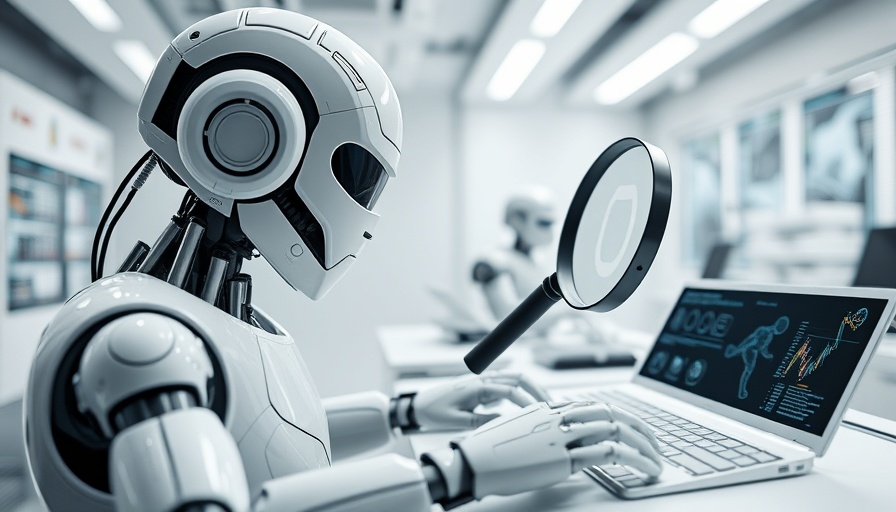 AI readability checker concept with robot examining keyboard.