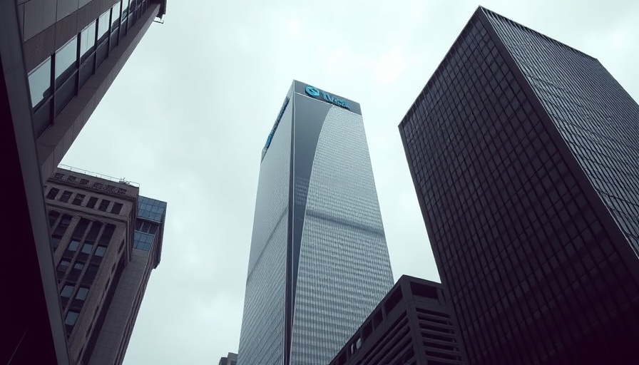 Modern skyscraper with logo, cloudy day, data privacy