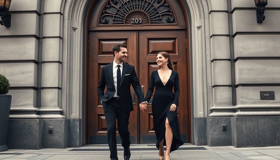 Elegant couple at New Orleans wedding, standing by grand door.