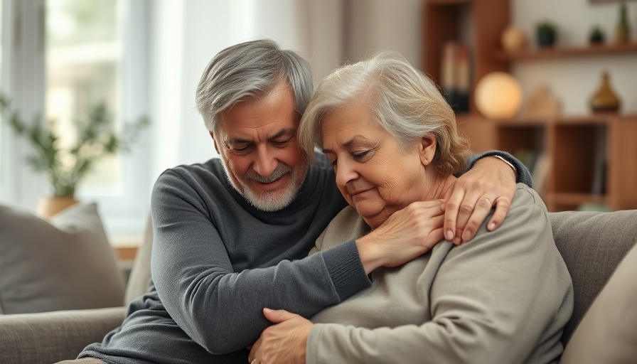 Middle-aged couple coping with empty nest syndrome, warm embrace indoors.