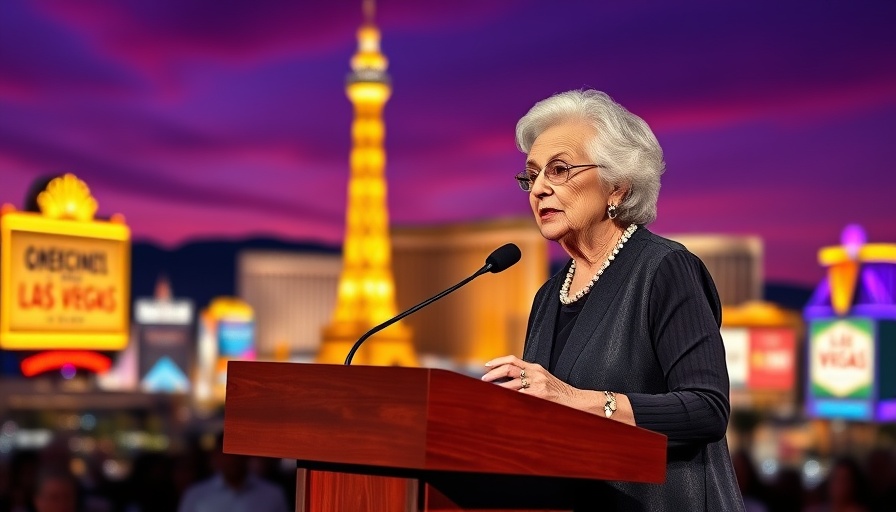 Speaker on Las Vegas gambling tax law at City Hall with skyline backdrop.