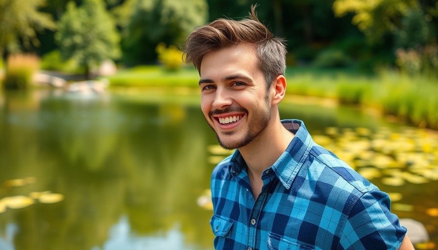 Casual man in blue plaid shirt by pond, Luke Bryan 32nd #1 single.