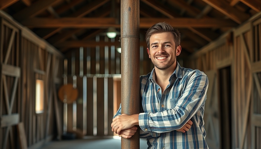 Casually dressed man in barn, celebrating success, natural lighting.
