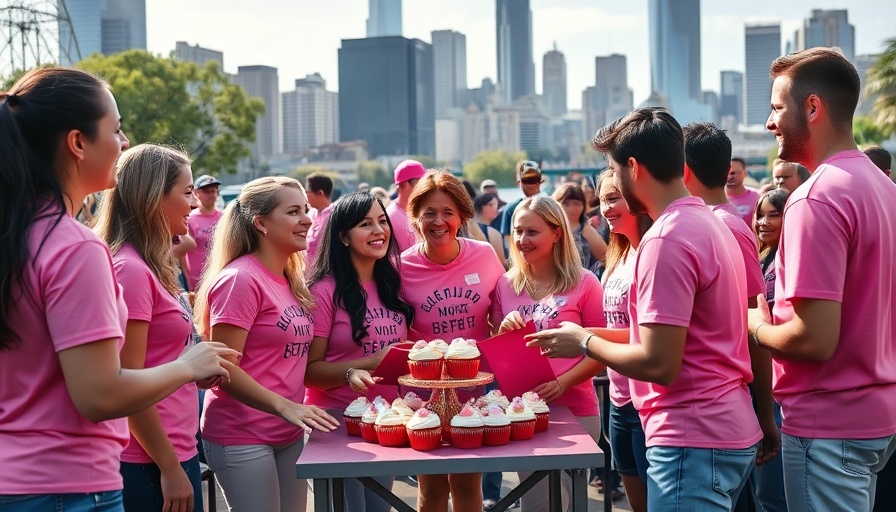 Participants at Pink Cupcake Walk Charlotte with city skyline.