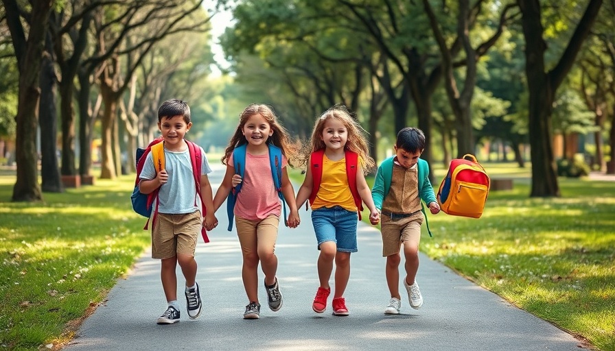 Kids with backpacks walking together in a park, Charlotte health news.