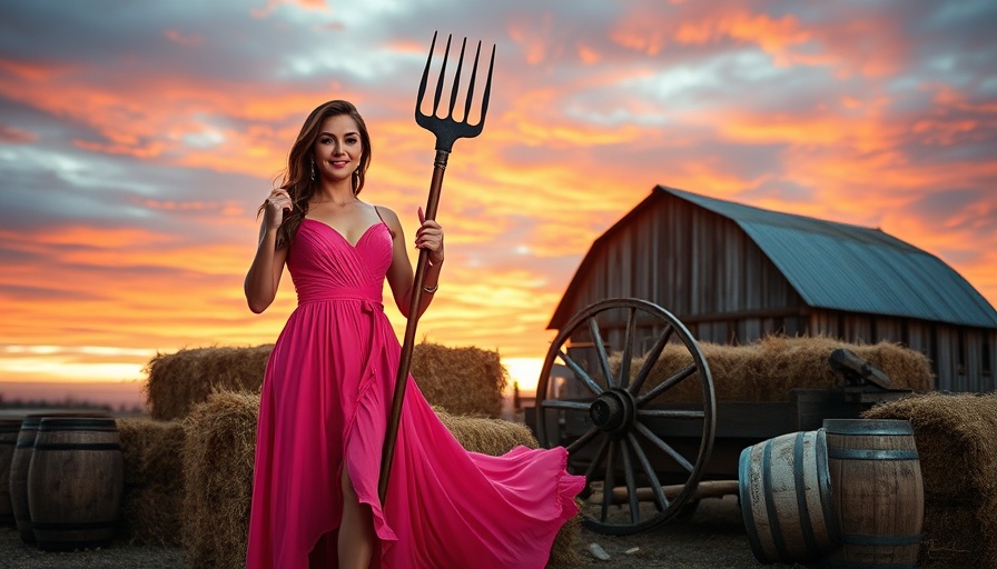 Rustic scene with woman in pink dress holding pitchfork, vibrant sunset.