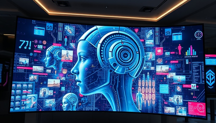 Futuristic collage showcasing AI image cloning technology on a curved screen.
