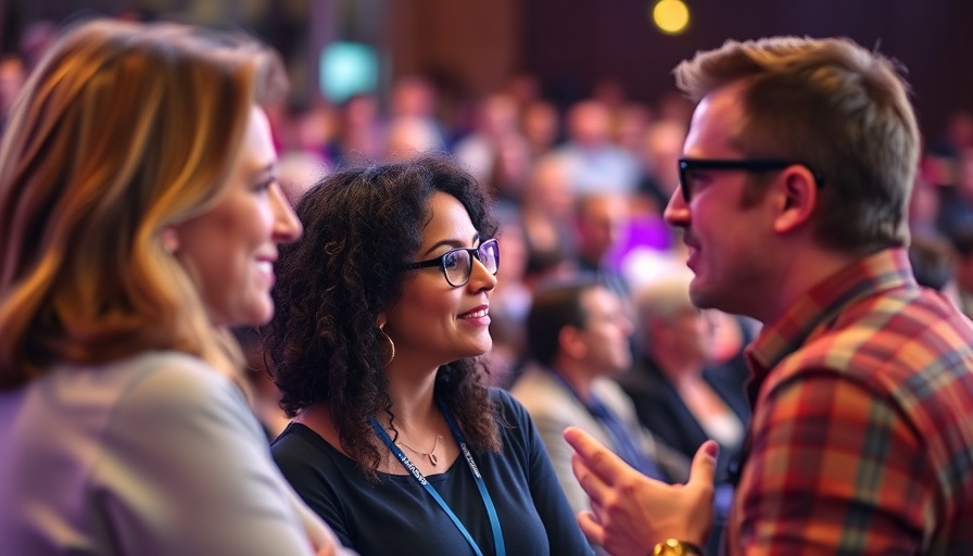 Focused individuals discussing at a dynamic event, energetic atmosphere.