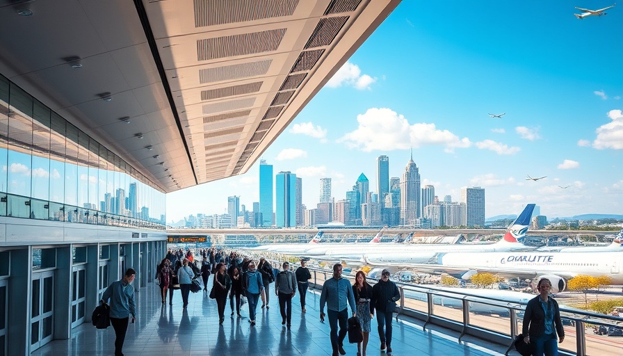 Charlotte airport terminal bustling with travelers; city skyline visible.