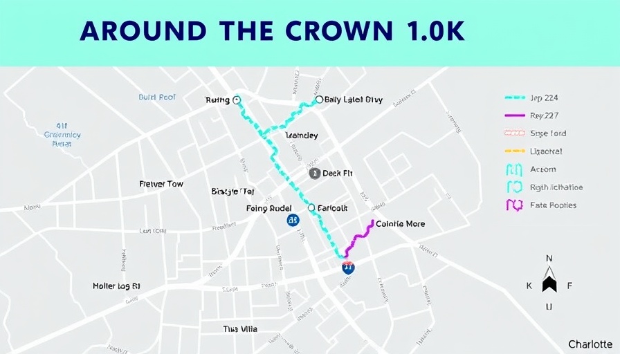 Route map for Around the Crown 10K Charlotte showing streets and mile markers.