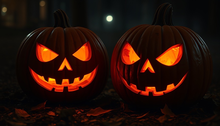 Eerie glowing jack-o'-lanterns at night, SCarowinds Halloween.
