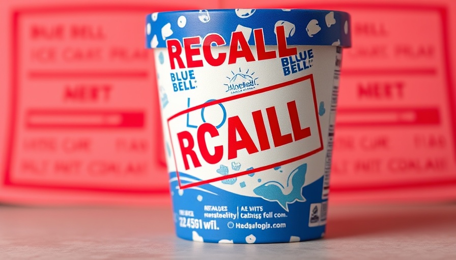 Blue Bell ice cream recall alert with vibrant red background.