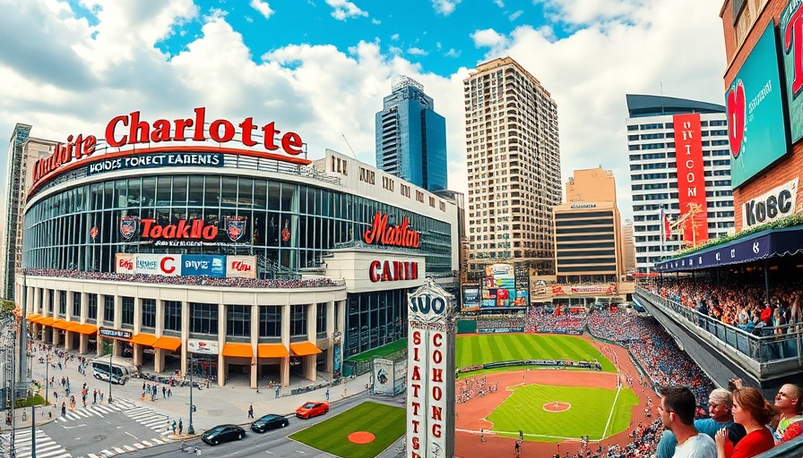 Collage of Charlotte's Time Warner Arena, downtown, baseball scene.