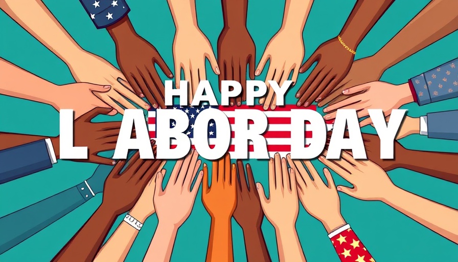 Diverse hands in a circle celebrating Labor Day with flag.