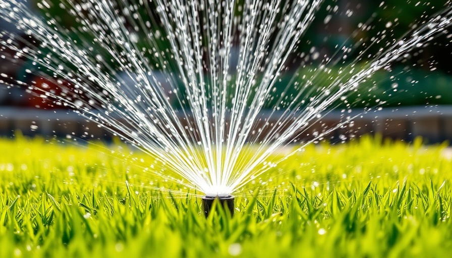Lawn sprinkler watering grass under bright sun, Las Vegas.