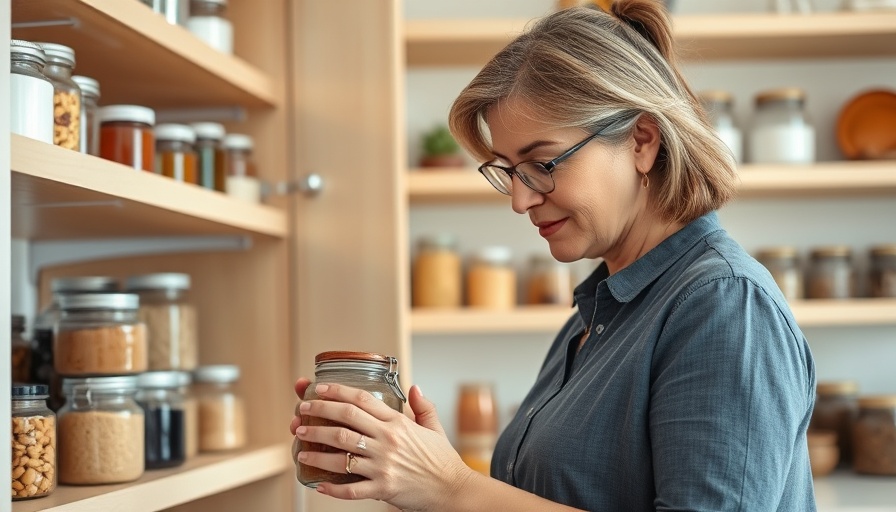 Middle-aged woman organizing kitchen with Dollar Tree jars in modern pantry.