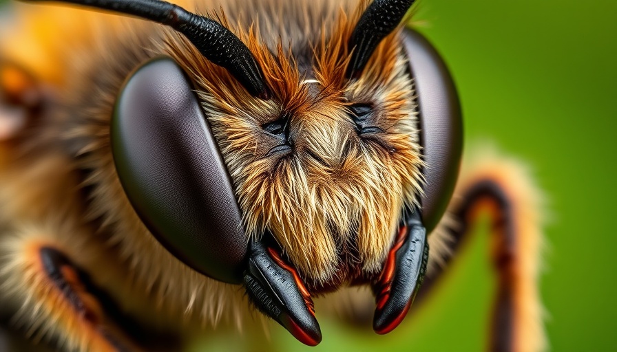 Macro shot of a bee's face highlighting detail in eyes and antennae, illustrating the concept 'smarter AI from bee brains'.