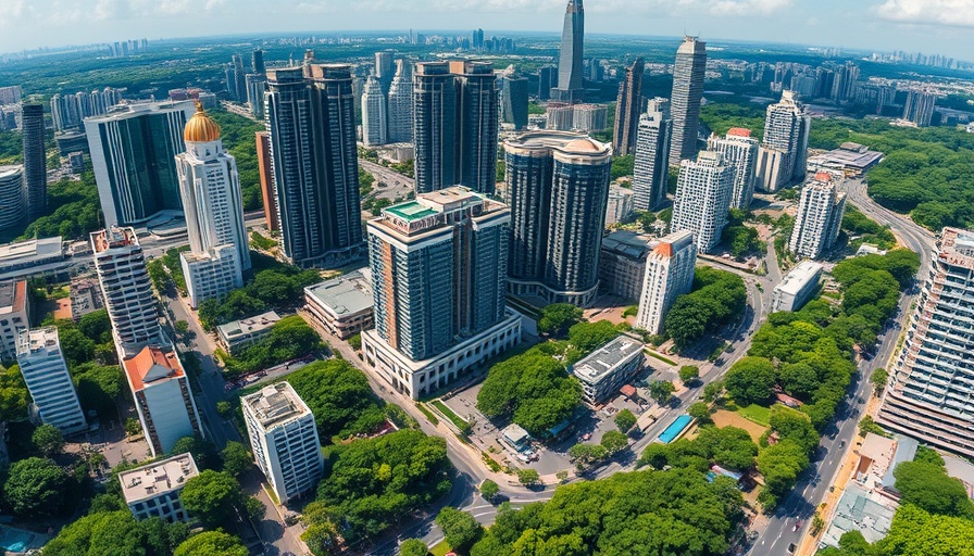 Jakarta cityscape showcasing skyscrapers and greenery under bright sky.